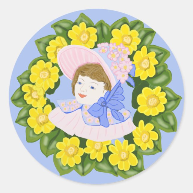 Girl in a Victorian Easter Bonnet  Classic Round Sticker (Front)