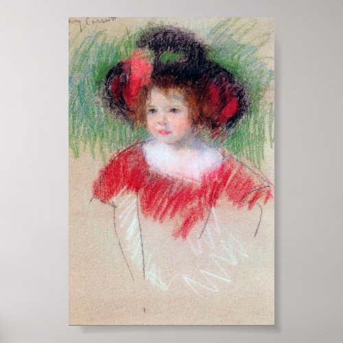 Girl in Big Bonnett and Red Dress Mary Cassatt Poster