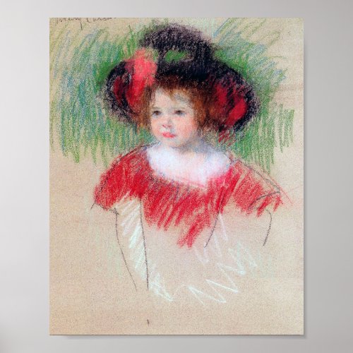 Girl in Big Bonnett and Red Dress Mary Cassatt Poster