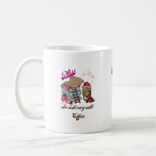Girl In Bliss with Books And Coffee In Library Mug