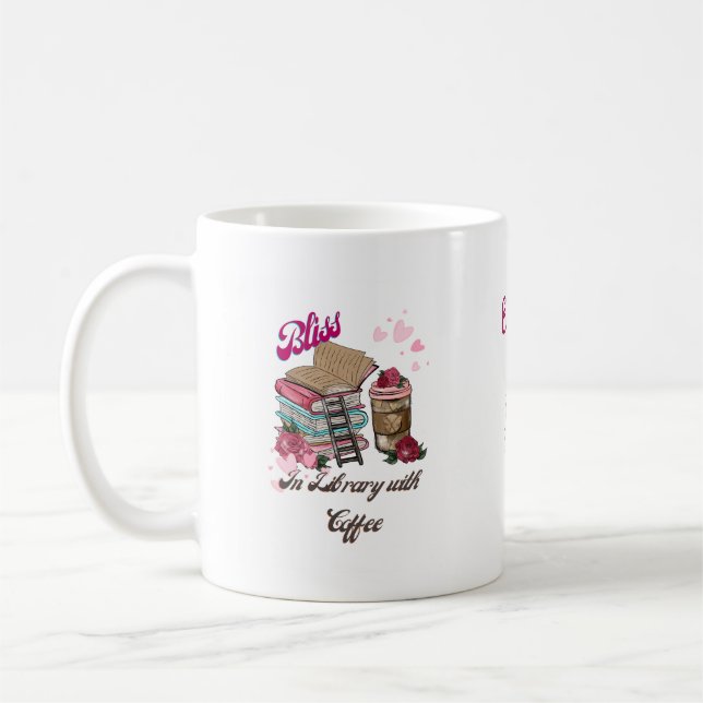 Girl In Bliss with Books And Coffee In Library  Mug (Left)