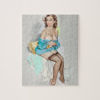 Girl In Blue  Brown & Bigelow Calendar Pin Up Art Jigsaw Puzzle by Pin_Up_Art at Zazzle