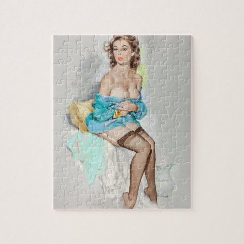 Girl in Blue Brown  Bigelow Calendar Pin Up Art Jigsaw Puzzle