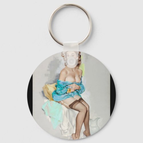 Girl in Blue Brown  Bigelow Calendar Pin Up Art Keychain