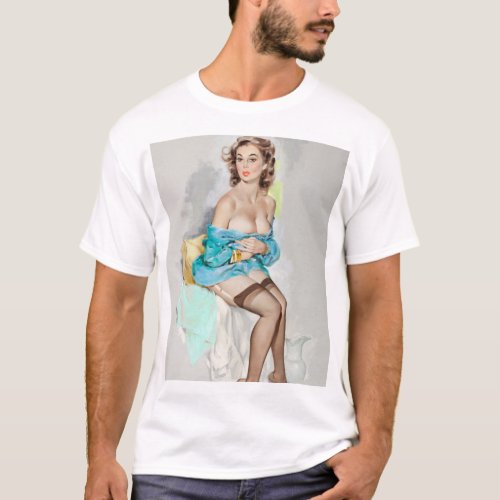 Girl in Blue Brown  Bigelow Calendar Pin Up Art T_Shirt