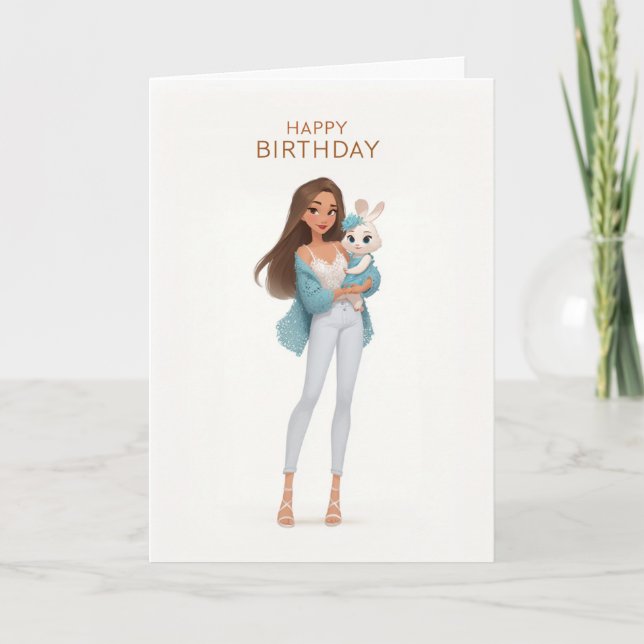 Girl in Blue Lace Cardigan w/ White Bunny BDay Card (Front)