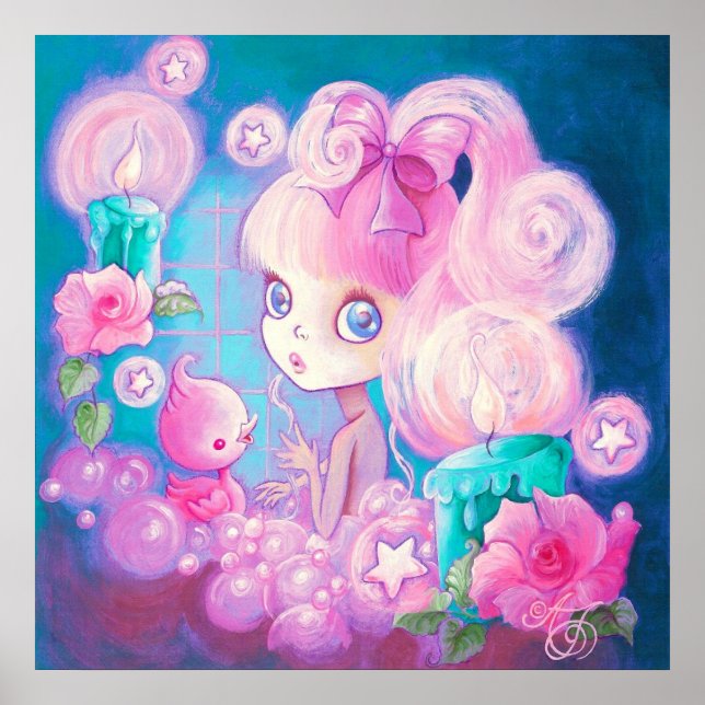 Girl in Bubblebath with Candles and Roses Poster (Front)