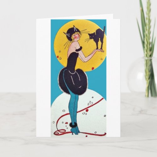 Girl in Cat costume with her black cat Card
