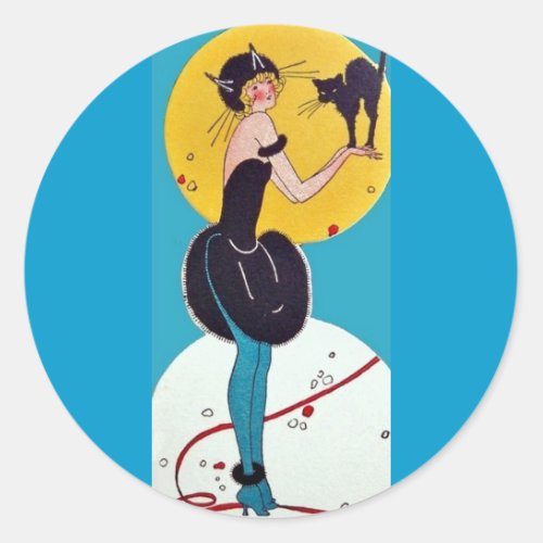 Girl in Cat costume with her black cat Classic Round Sticker