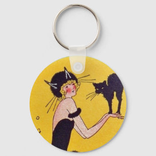 Girl in Cat costume with her black cat Keychain