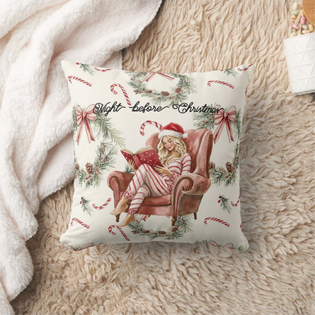 Girl in Chair Santa Hat Candy Cane Christmas Throw Pillow (Blanket)