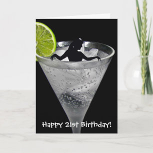 girl in cocktail glass for 21st birthday card