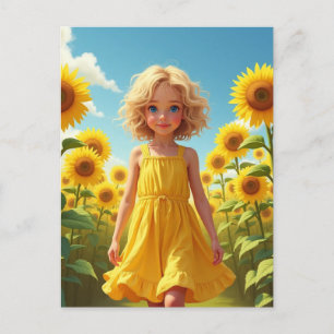 Girl in field of sunflower art postcard