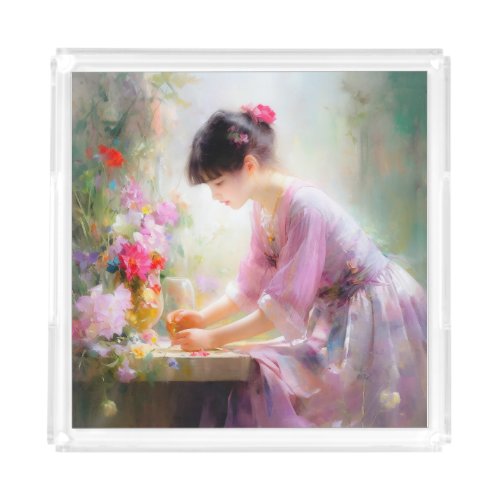 Girl in Flower Garden  Acrylic Tray