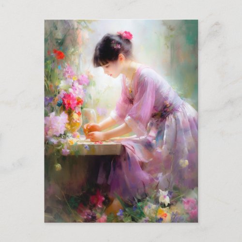 Girl in Flower Garden  Postcard