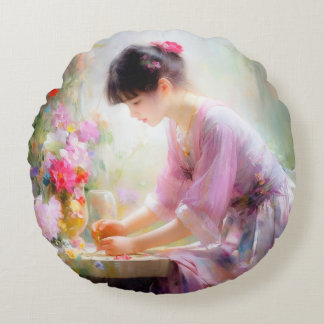 Girl in Flower Garden Round Pillow