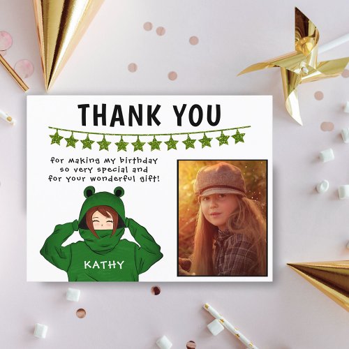 Girl in Frog Hoody Stars Photo Birthday Thank you Postcard