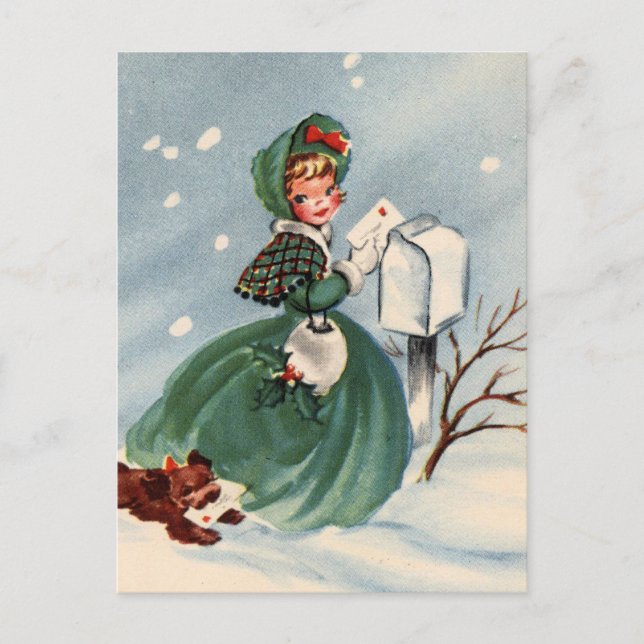 Girl in Green Coat Mailing Christmas Cards (Front)