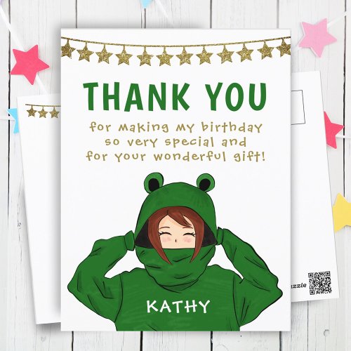 Girl in Green Frog Hoody Stars Birthday Thank you Postcard