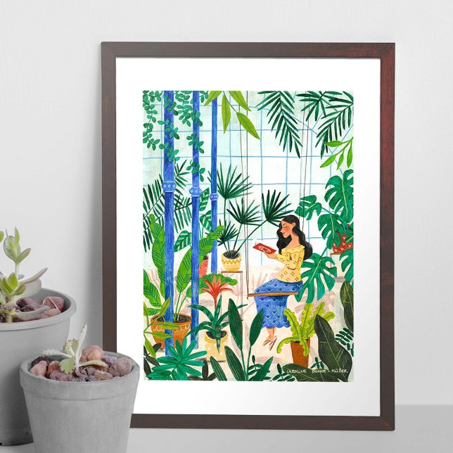 Girl in greenhouse reading illustration poster (Creator Uploaded)