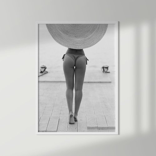 Girl in Hat on the Beach Black and White Print 