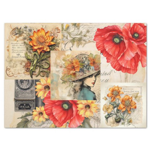 Girl In Hat Red Poppies  Sunflowers Collage Tissue Paper