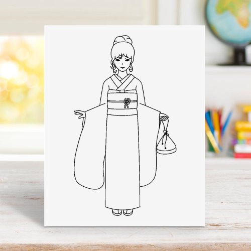 Girl in Japanese Kimono Dress Coloring Page Rubber Stamp