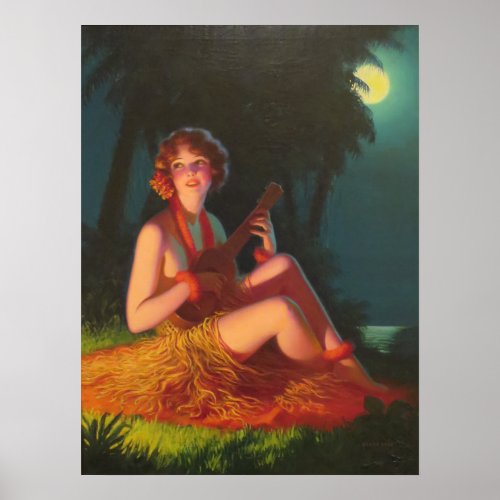 Girl in Moonlight with Banjo Ukelele Poster