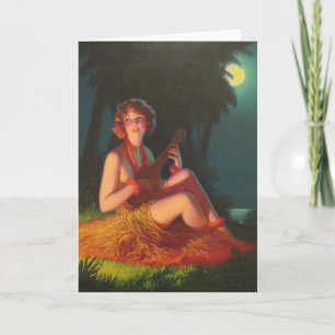 Girl in Moonlight with Banjo Ukulele Card