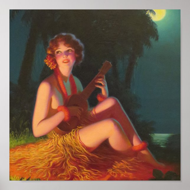 Girl in Moonlight with Banjo Ukulele Poster (Front)