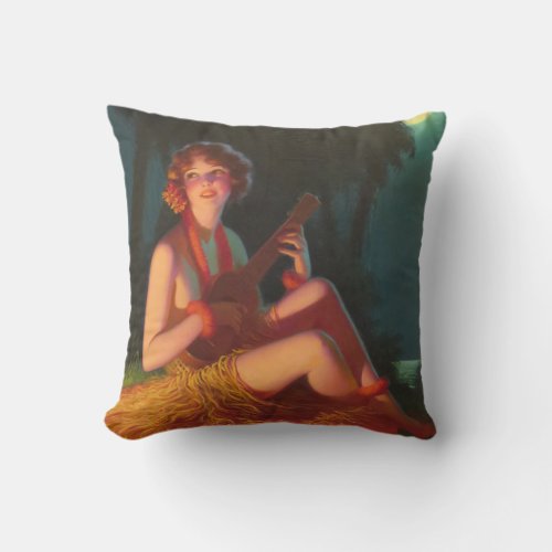 Girl in Moonlight with Banjo Ukulele Throw Pillow