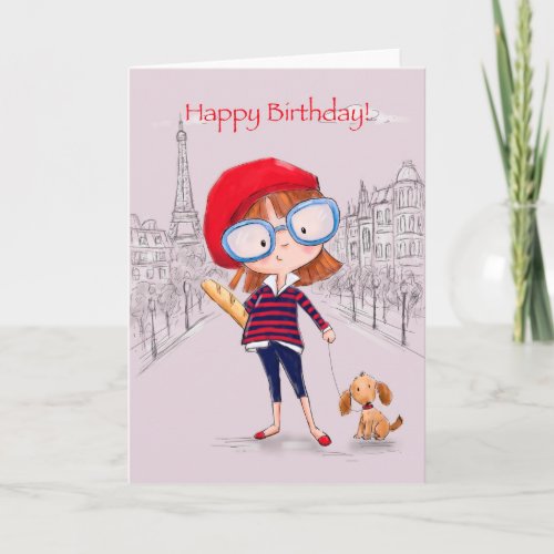 Girl in Paris with little dog Happy Birthday Card