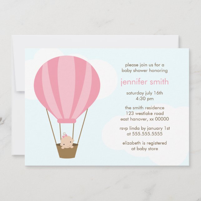Girl in Pink Balloon Baby Shower Invitation (Front)