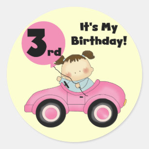 Girl in Pink Car 3rd Birthday Tshirts and Gifts Classic Round Sticker