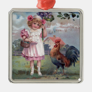 Girl in Pink Holding Purple Flowers Metal Ornament