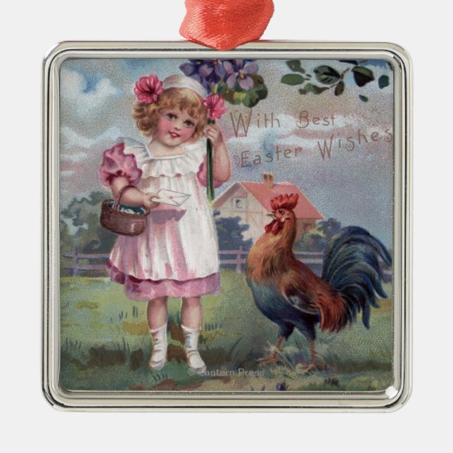 Girl in Pink Holding Purple Flowers Metal Ornament (Front)