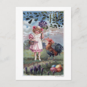 Girl in Pink Holding Purple Flowers Postcard