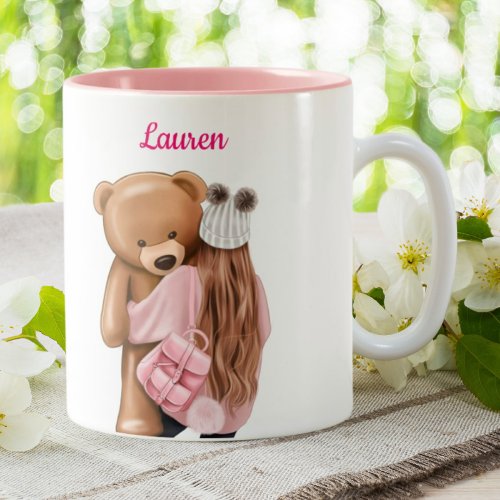 Girl in Pink with Bear Personalized Custom Coffee Two_Tone Coffee Mug