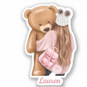 Girl in Pink with Teddy Bear Custom Name Cut Vinyl Sticker