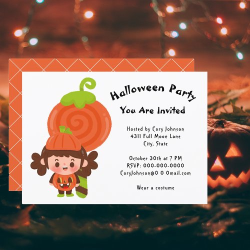 Girl in Pumpkin Costume Lollipop Halloween Party Invitation