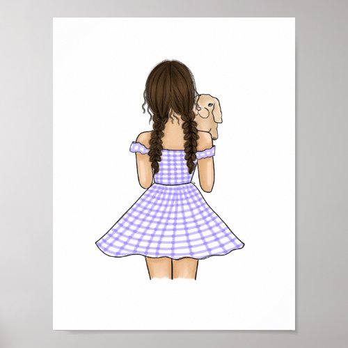 Girl in Purple Gingham Plaid Carrying Pet Bunny Poster