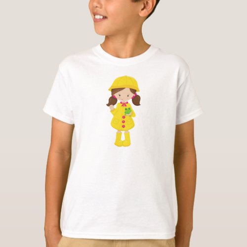 Girl In Raincoat Boots Brown Hair Frog T_Shirt