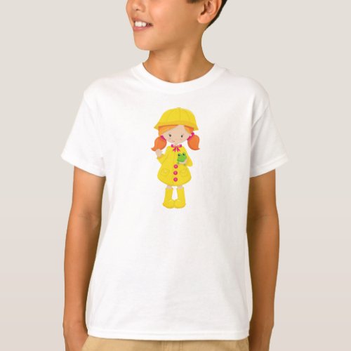 Girl In Raincoat Boots Orange Hair Frog T_Shirt