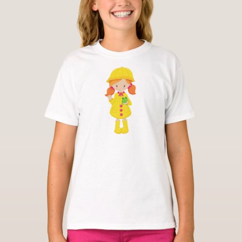 Girl In Raincoat Boots Orange Hair Frog T_Shirt