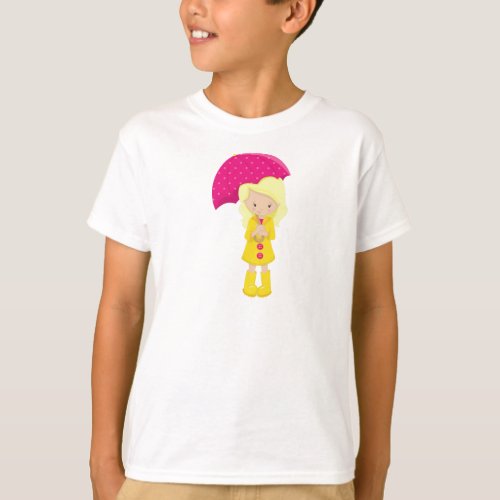 Girl In Raincoat Girl With Umbrella Blonde Hair T_Shirt