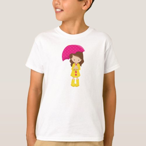 Girl In Raincoat Girl With Umbrella Brown Hair T_Shirt