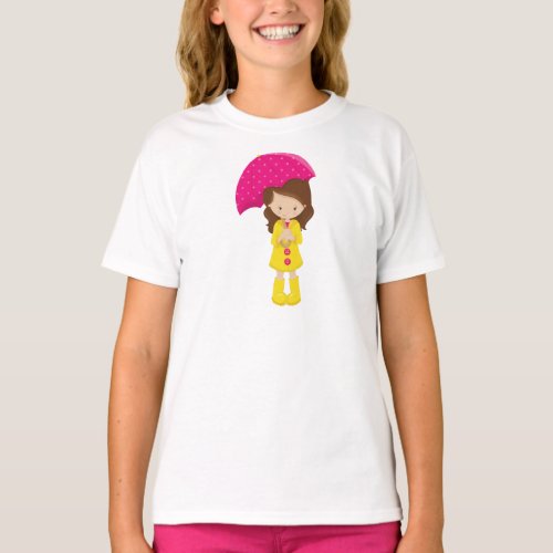 Girl In Raincoat Girl With Umbrella Brown Hair T_Shirt