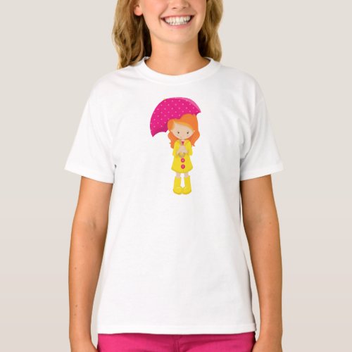 Girl In Raincoat Girl With Umbrella Orange Hair T_Shirt