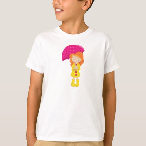 Girl In Raincoat Girl With Umbrella Orange Hair T_Shirt