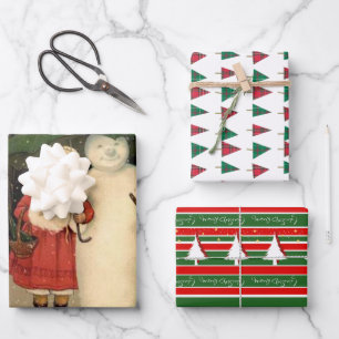 Girl in Red Coat with Snowman Plaid Trees Wrapping Paper Sheets